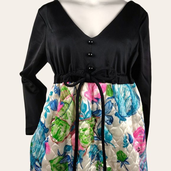 Vintage 1960s Quilted Hostess Dress MOD Flower Power Maxi Dress Butterflies M - Picture 2 of 12